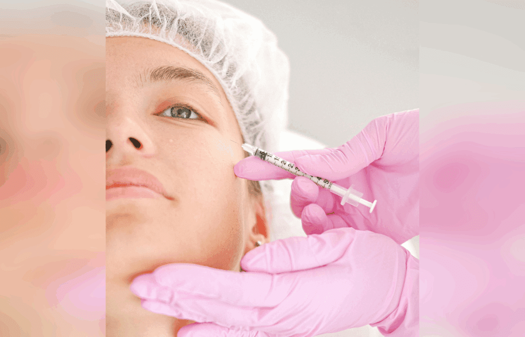 Cosmetic chin filler treatment in progress