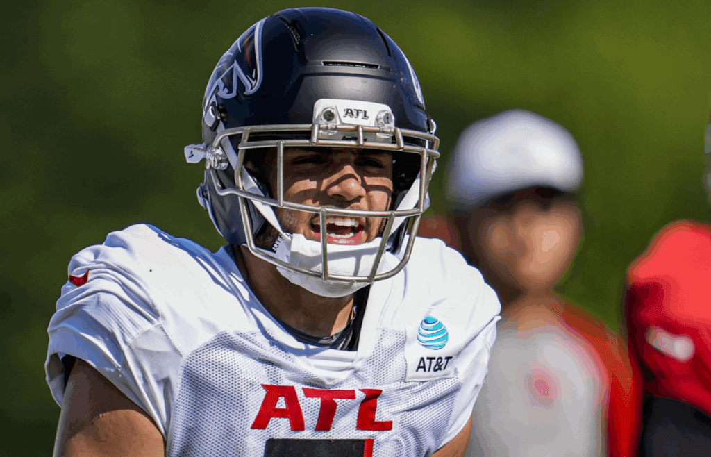 Jul 29, 2025; Atlanta, GA, USA; Atlanta Falcons wide receiver Drake London (5) on the field during practice at training camp at IBM Performance Field. Mandatory Credit: Dale Zanine-Imagn Images