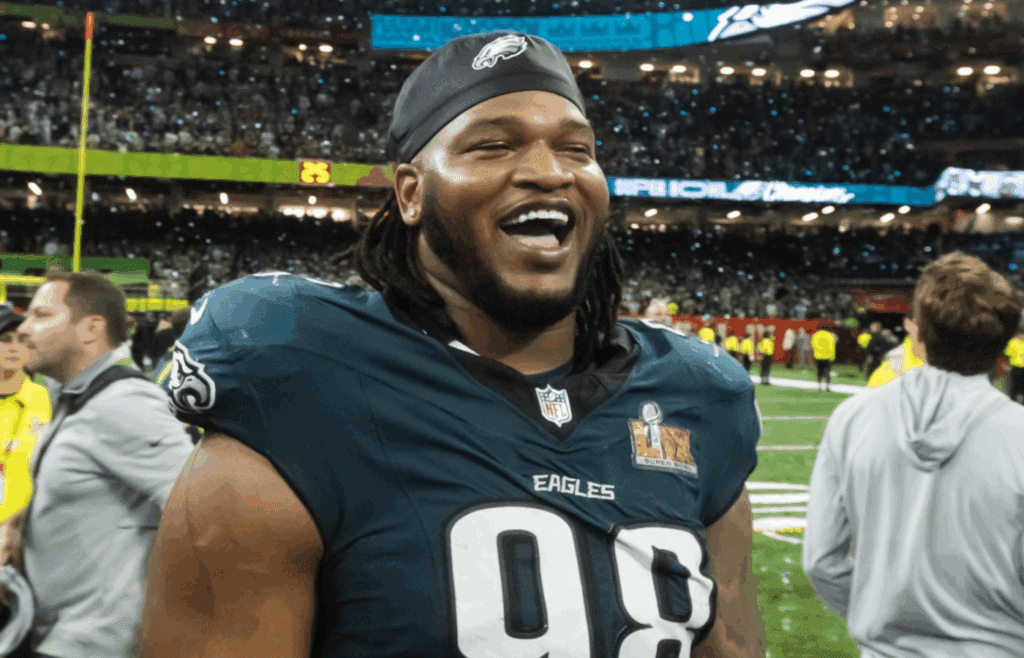 Feb 9, 2025; New Orleans, LA, USA; Philadelphia Eagles defensive end Jalen Carter (98) celebrates after defeating the Kansas City Chiefs during Super Bowl LIX at Ceasars Superdome. Mandatory Credit: Mark J. Rebilas-Imagn Images