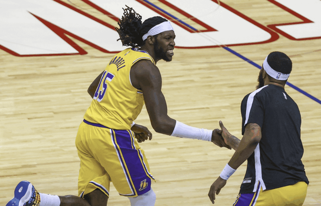 Jan 12, 2021; Houston, Texas, USA; Los Angeles Lakers center Montrezl Harrell (15) reacts after making a basket against the Houston Rockets during the first quarter at Toyota Center. Mandatory Credit: Troy Taormina-Imagn Images
