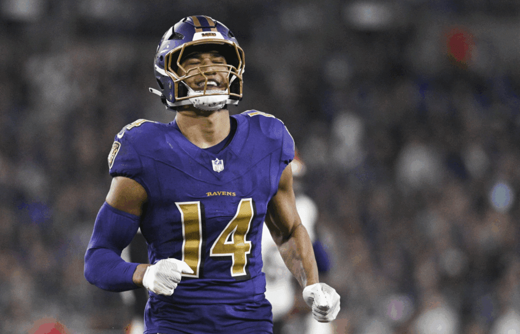 Nov 7, 2024; Baltimore, Maryland, USA; Baltimore Ravens safety Kyle Hamilton (14) reacts after tips a Cincinnati Bengals quarterback Joe Burrow (9) pass during the first quarter at M&T Bank Stadium. Mandatory Credit: Tommy Gilligan-Imagn Images
