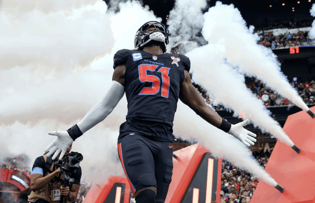 Dec 25, 2024; Houston, Texas, USA; Houston Texans defensive end Will Anderson Jr. (51) runs onto the field before the game against the Baltimore Ravens at NRG Stadium. Mandatory Credit: Troy Taormina-Imagn Images