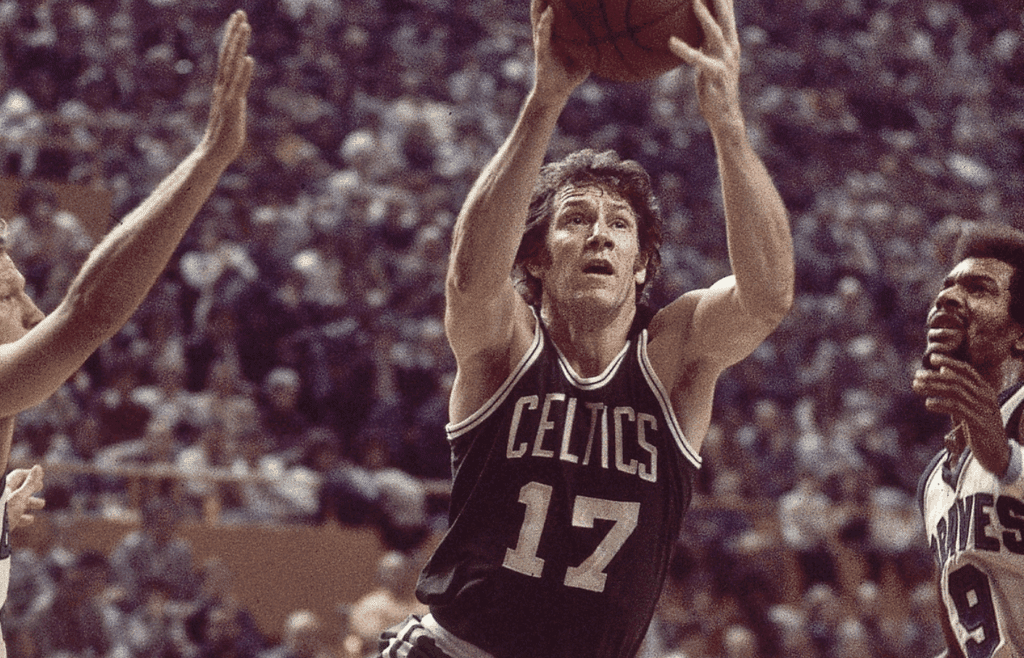 Nov 15, 1975; Buffalo, NY, USA; FILE PHOTO; Boston Celtics forward John Havlicek (17) in action against Buffalo Braves forward Jack Marin (42) and guard Randy Smith (9) during the 1975-76 season. Mandatory Credit: Tony Tomsic-USA TODAY NETWORK