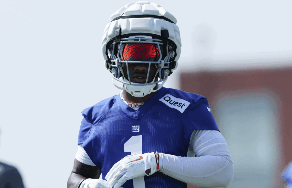 Jul 24, 2025; East Rutherford, NJ, USA; A detailed view of the helmet eye shield worn by New York Giants wide receiver Malik Nabers (1) during training camp at Quest Diagnostics Training Center. Mandatory Credit: Vincent Carchietta-Imagn Images