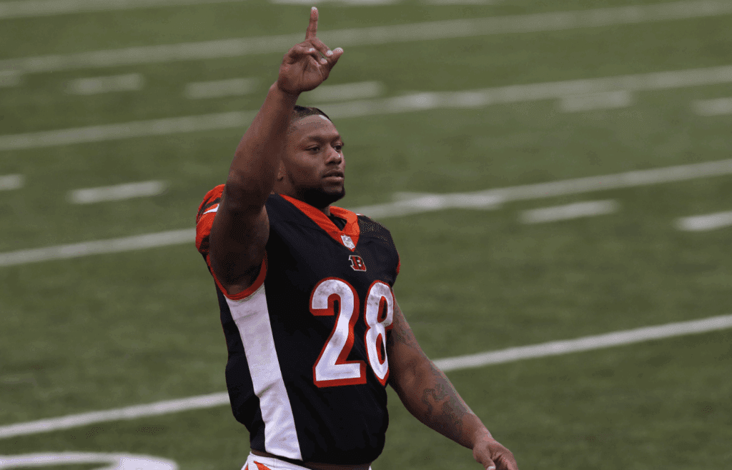 Oct 4, 2020; Cincinnati, Ohio, USA; Cincinnati Bengals running back Joe Mixon (28) reacts after the Bengals defeated the Jacksonville Jaguars at Paul Brown Stadium. Mandatory Credit: David Kohl-Imagn Images