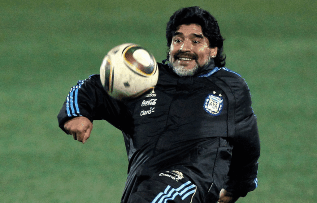 July 1, 2010; Pretoria, SOUTH AFRICA; Argentina head coach Diego Maradona during a training session two days before their quarterfinal match against Germany in the 2010 World Cup. Mandatory Credit: Christian Ort/GEPA via Imagn Images