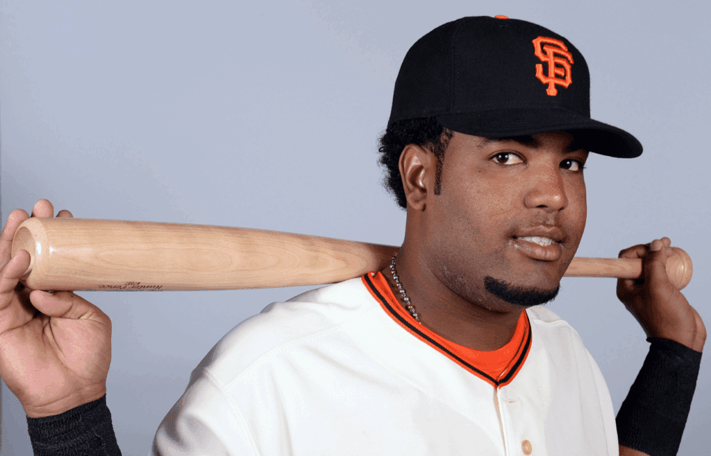 Feb 23, 2014; Scottsdale, AZ, USA; San Francisco Giants first baseman Angel Villalona (74) poses for a photo during photo day at Scottsdale Stadium. Mandatory Credit: Joe Camporeale-Imagn Images