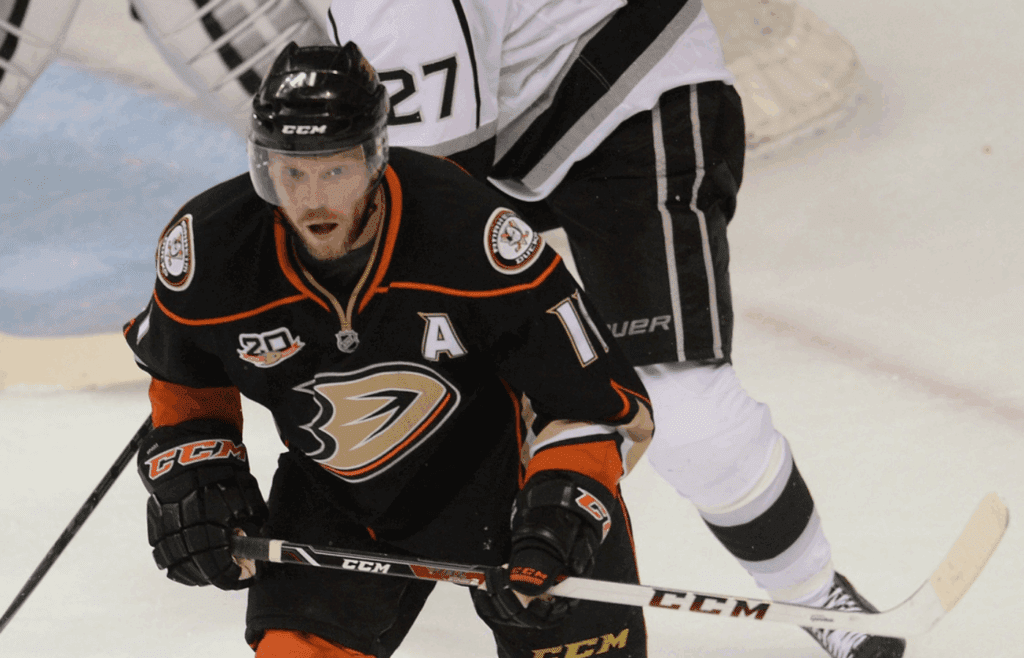 May 3, 2014; Anaheim, CA, USA; Anaheim Ducks center Saku Koivu (11) in the first period of game one of the second round of the 2014 Stanley Cup Playoffs against the Los Angeles Kings at Honda Center. Mandatory Credit: Jayne Kamin-Oncea-Imagn Images