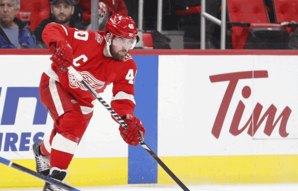 Apr 5, 2018; Detroit, MI, USA; Detroit Red Wings center Henrik Zetterberg (40) passes the puck during the second period against the Montreal Canadiens at Little Caesars Arena. Mandatory Credit: Raj Mehta-Imagn Images