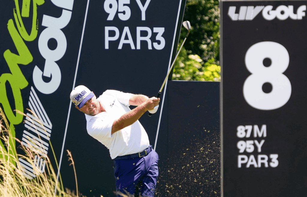 Jun 29, 2025; Carrollton, Texas, USA; Graeme McDowell plays his shot from the eighth tee during the final round of the LIV Golf Dallas golf tournament at Maridoe Golf Club. Mandatory Credit: Raymond Carlin III-Imagn Images