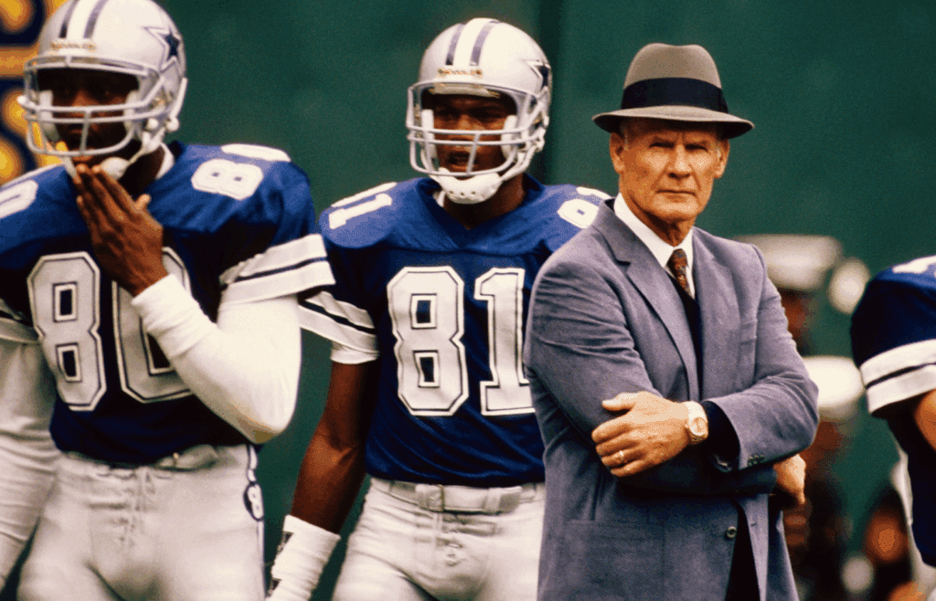 Oct 23, 1988; Philadelphia, PA, USA; FILE PHOTO; Dallas Cowboys head coach Tom Landry on the sideline with receivers Everett Gay (80) and Kelvin Edwards (81) against the Philadelphia Eagles at Veterans Stadium. Mandatory Credit: Tony Tomsic-USA TODAY NETWORK