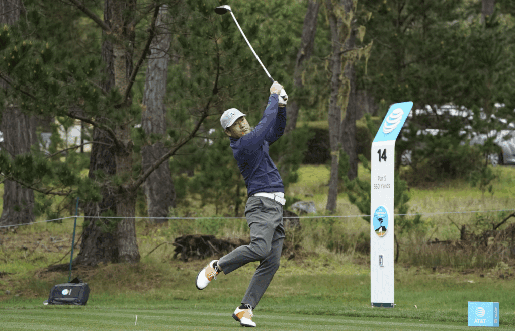 February 8, 2019; Pebble Beach, CA, USA; Ho-sung Choi hits his tee shot on the 14th hole during the second round of the AT&T Pebble Beach Pro-Am golf tournament at Spyglass Hill Golf Course. Mandatory Credit: Kyle Terada-Imagn Images