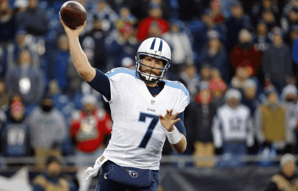 Dec 20, 2015; Foxborough, MA, USA; Tennessee Titans quarterback Zach Mettenberger (7) throws during the second half of the New England Patriots 33-16 win over the Tennessee Titans at Gillette Stadium. Mandatory Credit: Winslow Townson-Imagn Images