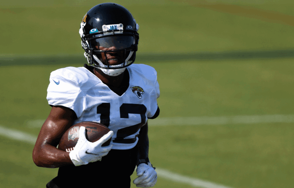 Aug 17, 2020; Jacksonville, Florida, USA; Jacksonville Jaguars wide receiver Dede Westbrook (12) runs with the ball after the catch during training camp at Dream Finders Homes Practice Complex. Mandatory Credit: Douglas DeFelice-Imagn Images