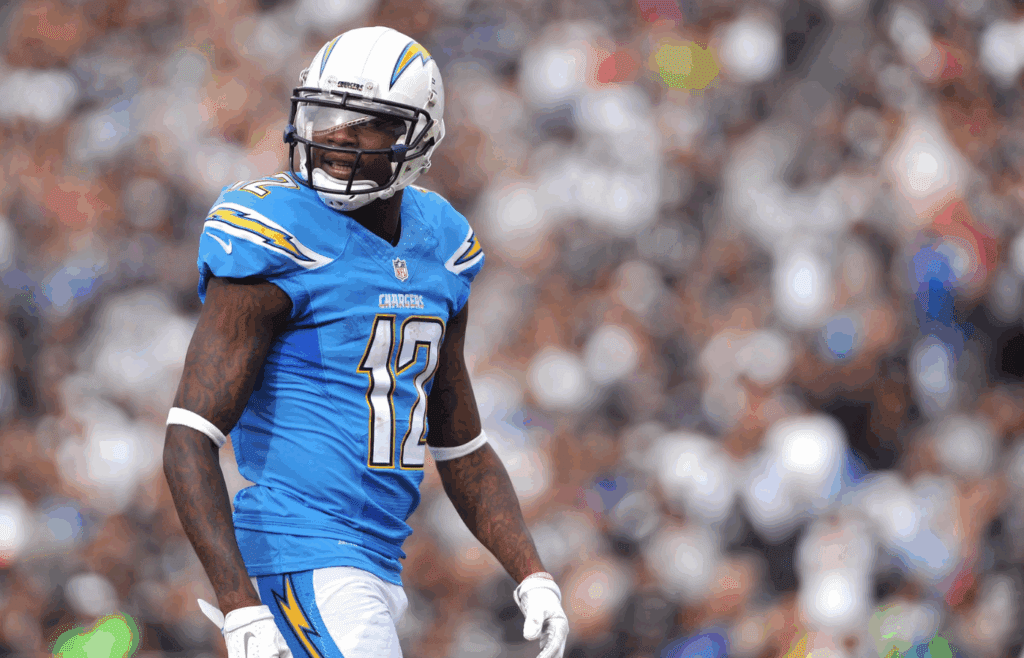 Oct 25, 2015; San Diego, CA, USA; San Diego Chargers wide receiver Jacoby Jones (12) looks on from the field during the second half of the game against the Oakland Raiders at Qualcomm Stadium. Oakland won 37-29. Mandatory Credit: Orlando Ramirez-Imagn Images