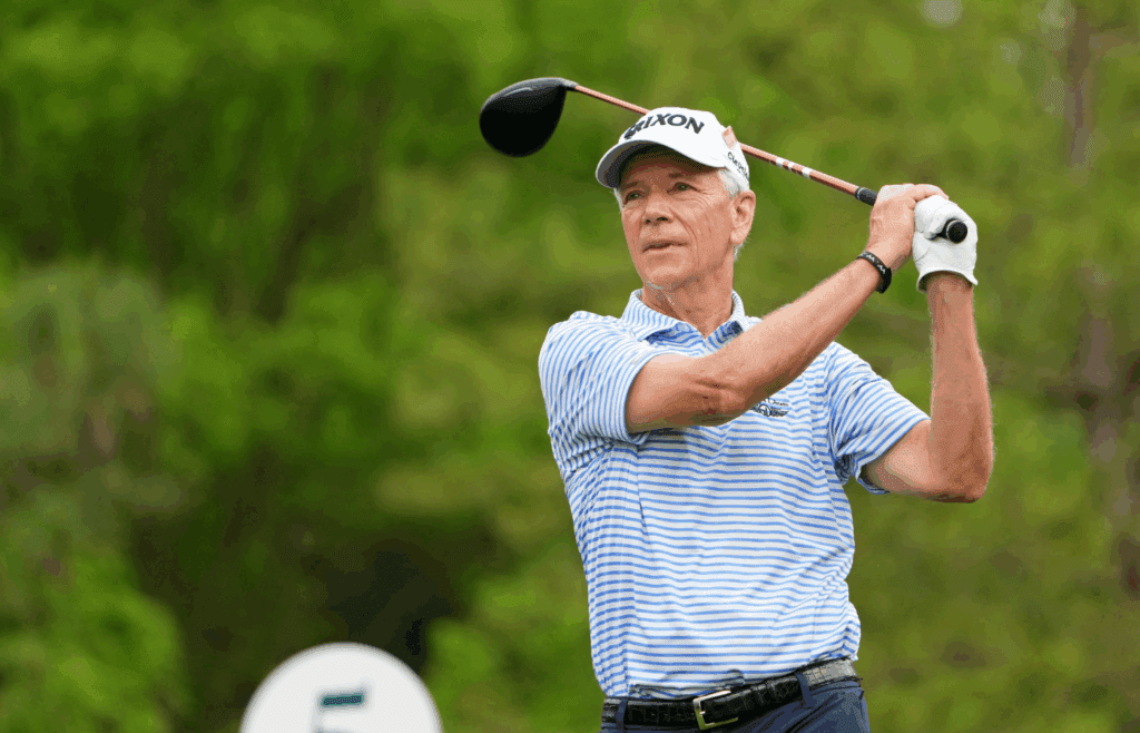 Apr 6, 2023; Augusta, Georgia, USA; Larry Mize tees off on the fifth hole during the first round of The Masters golf tournament. Mandatory Credit: Kyle Terada-USA TODAY Network