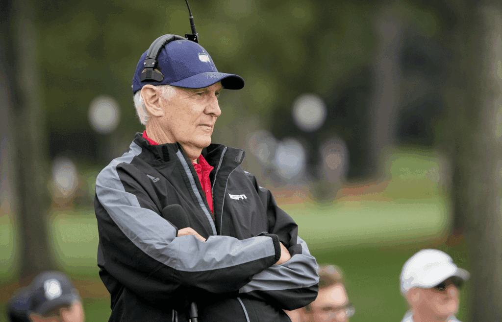 Apr 9, 2024; Augusta, Georgia, USA; ESPN golf analyst Andy North waits to do interviews at hole no. 2 during a practice round for the Masters Tournament golf tournament at Augusta National Golf Club. Mandatory Credit: Adam Cairns-Imagn Images