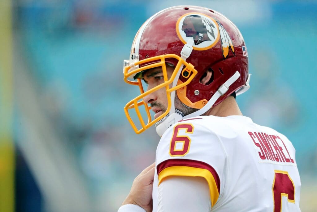 Dec 16, 2018; Jacksonville, FL, USA; Washington Redskins quarterback Mark Sanchez (6) look on prior to the game at TIAA Bank Field. Mandatory Credit: Kim Klement-USA TODAY Sports