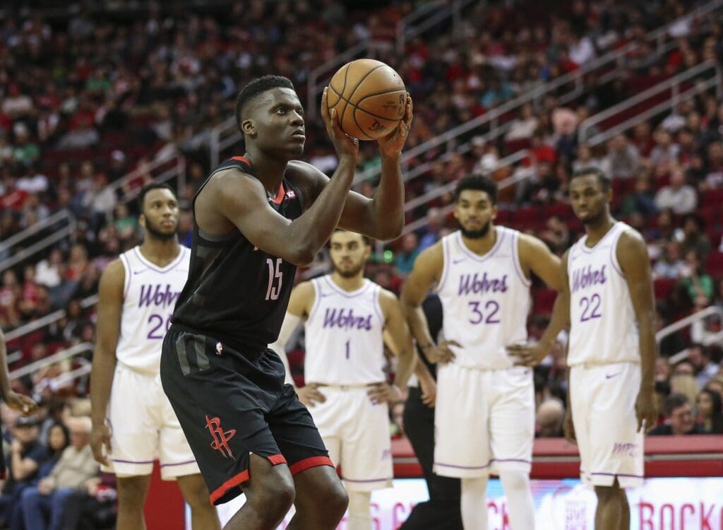 Mar 17, 2019; Houston, TX, USA; Houston Rockets center Clint Capela (15) shoots a free throw during the third quarter against the Minnesota Timberwolves at Toyota Center. Mandatory Credit: Troy Taormina-USA TODAY Sports