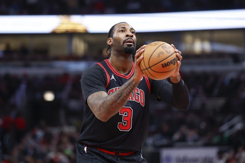 Dec 30, 2023; Chicago, Illinois, USA; Chicago Bulls center Andre Drummond (3) shots a free throw against the Philadelphia 76ers during the first half at United Center. Mandatory Credit: Kamil Krzaczynski-USA TODAY Sports