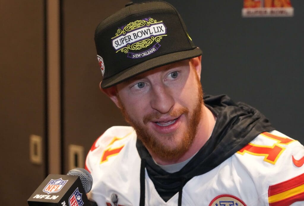 Feb 5, 2025; New Orleans, LA, USA;  Kansas City Chiefs quarterback Carson Wentz (11) in a press conference ahead of Super Bowl LIX at New Orleans Marriott. Mandatory Credit: Kirby Lee-Imagn Images