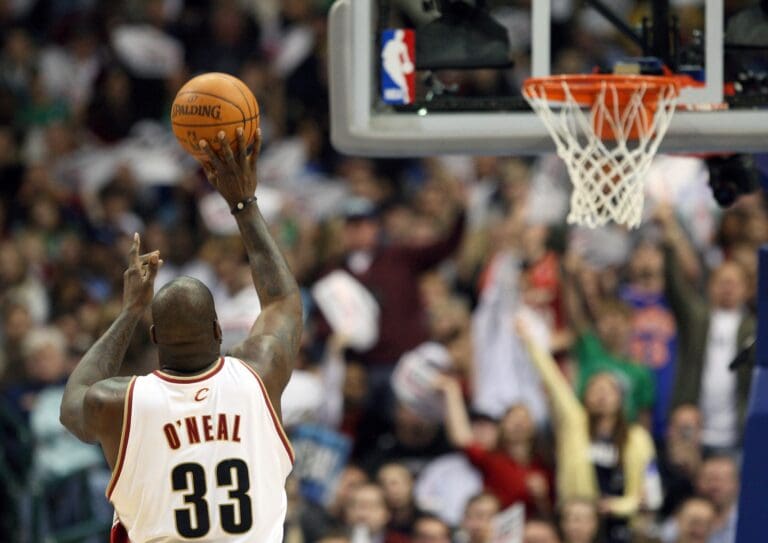 Dec 20, 2009; Dallas, TX, USA; Cleveland Cavaliers center Shaquille O'Neal (33) shoots a free throw against the Dallas Mavericks at American Airlines Arena. Mandatory Credit: Photo By Matthew Emmons-USA TODAY Sports