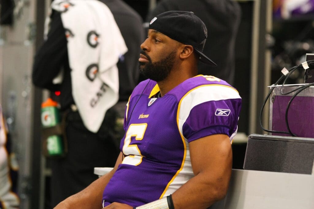 Nov 20, 2011; Minneapolis, MN, USA; Minnesota Vikings quarterback Donovan McNabb (5) against the Oakland Raiders at the Metrodome. The Raiders defeated the Vikings 27-21. Mandatory Credit: Brace Hemmelgarn-USA TODAY Sports