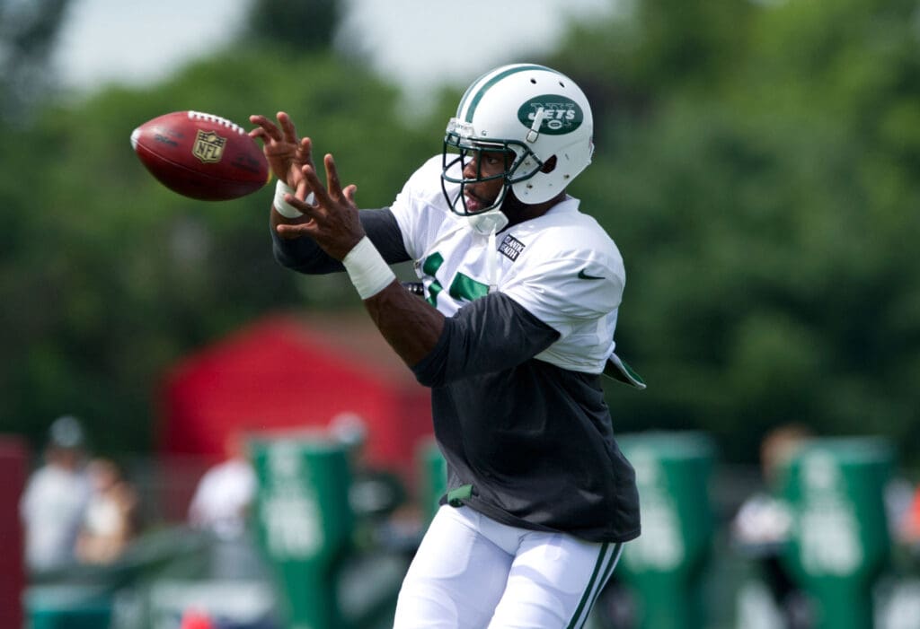 Jul 31, 2013; Cortland, NY, USA; New York Jets wide receiver Braylon Edwards (17) prepares to make a catch during training camp at SUNY Cortland. Mandatory Credit: Rich Barnes-USA TODAY Sports