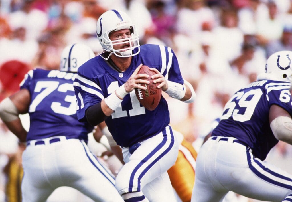Oct 4, 1992; Tampa, FL, USA; FILE PHOTO; Indianapolis Colts quarterback Jeff George (11) in action against the Tampa Bay Buccaneers at Tampa Stadium. Mandatory Credit: Lou Capozzola-USA TODAY NETWORK