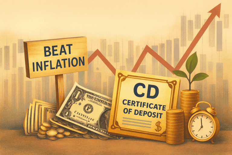 An illustration showing a sign that says "beat inflation" with a Certificate of Deposit and a growth arrow moving up and to the right.