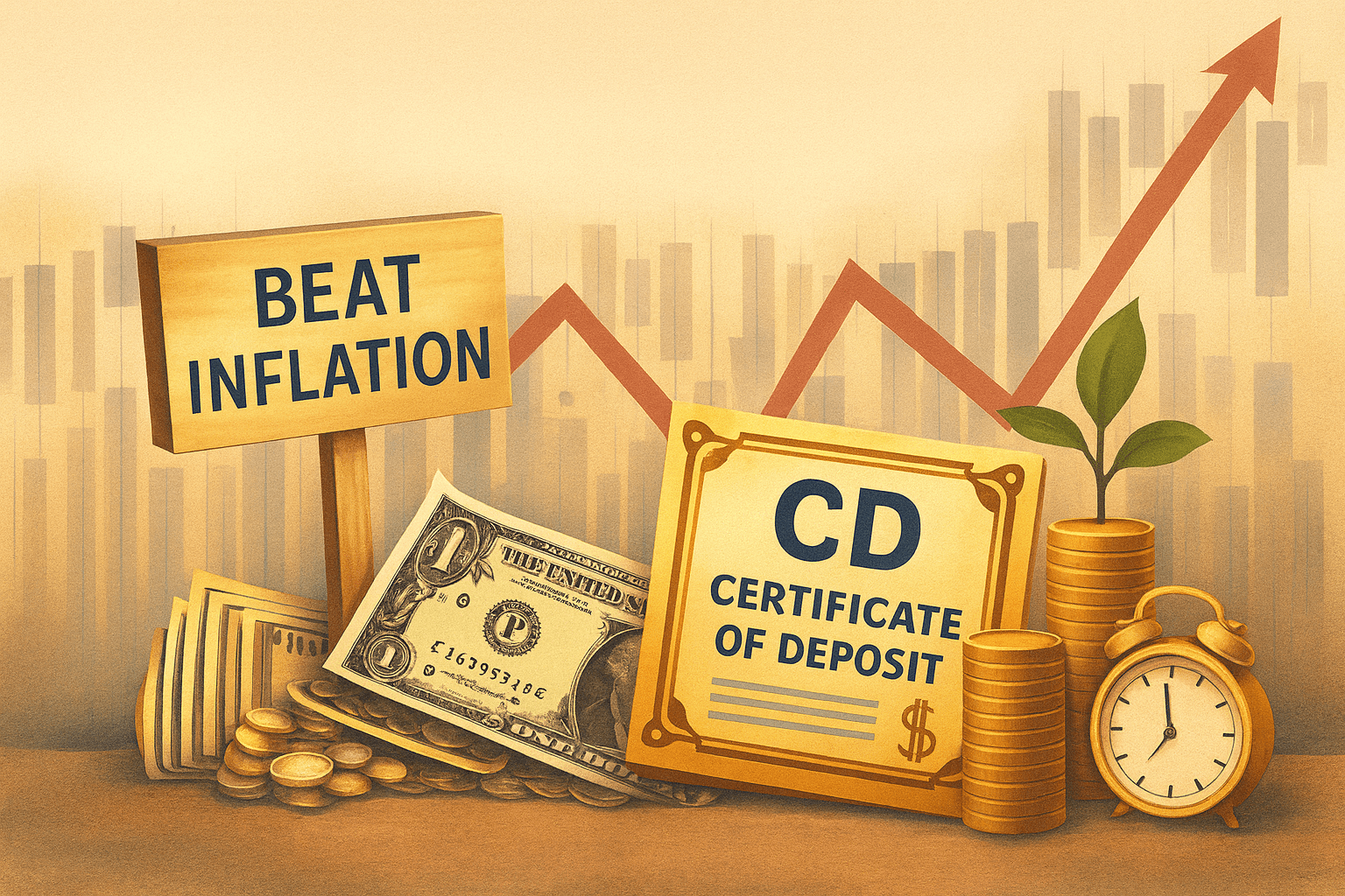 An illustration showing a sign that says "beat inflation" with a Certificate of Deposit and a growth arrow moving up and to the right.
